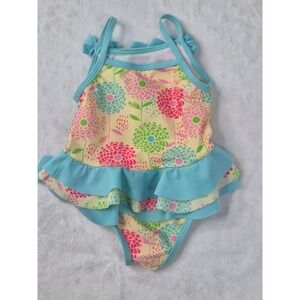 Absorba Swimsuit Baby Girl 12M Blue Floral‎ Excellent Ruffle Bow One-Piece